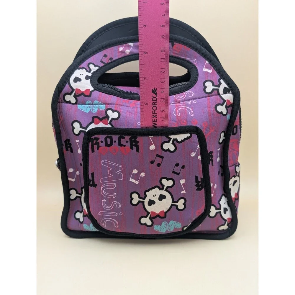 Insulated Neoprene Lunch Bag Tote Punk Rock Music Skull Crossbones Purple Pink